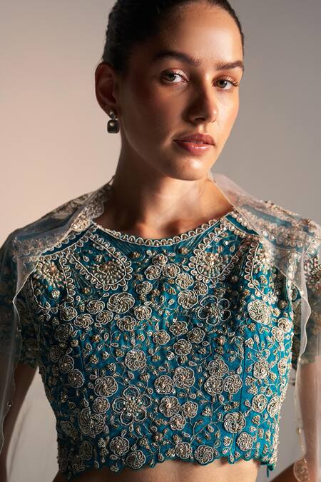 Shop Osaa By Adarsh Green Organza Aari Work, French Knots, Bloom Vine Embroidered Lehenga Set Online at Aza Fashions Shop_Osaa By Adarsh_Green Organza Aari Work, French Knots, Bloom Vine Embroidered Lehenga Set_Online_at_Aza_Fashions