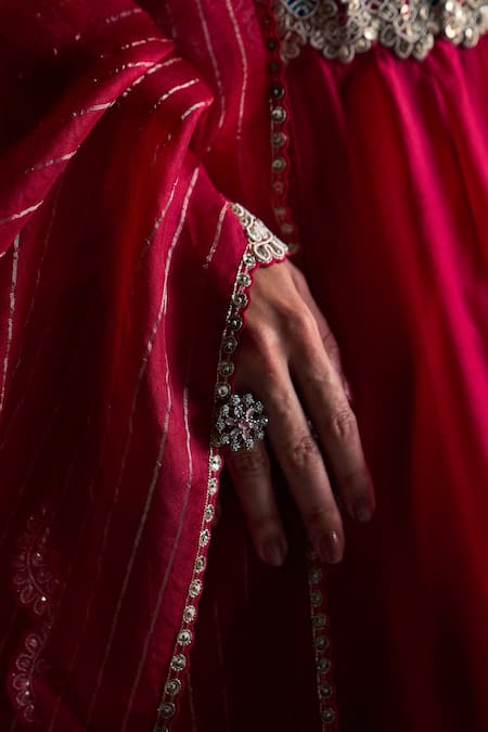 Osaa By Adarsh Red Organza Applique, Zari, Embroidery, Sequins Aari Work Lehenga Set Online at Aza Fashions Osaa By Adarsh_Red Organza Applique, Zari, Embroidery, Sequins Aari Work Lehenga Set_Online_at_Aza_Fashions