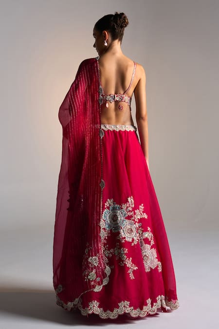 Shop Osaa By Adarsh Red Organza Applique, Zari, Embroidery, Sequins Aari Work Lehenga Set at Aza Fashions Shop_Osaa By Adarsh_Red Organza Applique, Zari, Embroidery, Sequins Aari Work Lehenga Set_at_Aza_Fashions