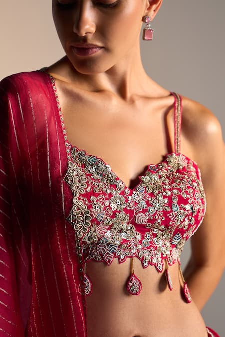 Osaa By Adarsh Red Organza Applique, Zari, Embroidery, Sequins Aari Work Lehenga Set at Aza Fashions Osaa By Adarsh_Red Organza Applique, Zari, Embroidery, Sequins Aari Work Lehenga Set_at_Aza_Fashions