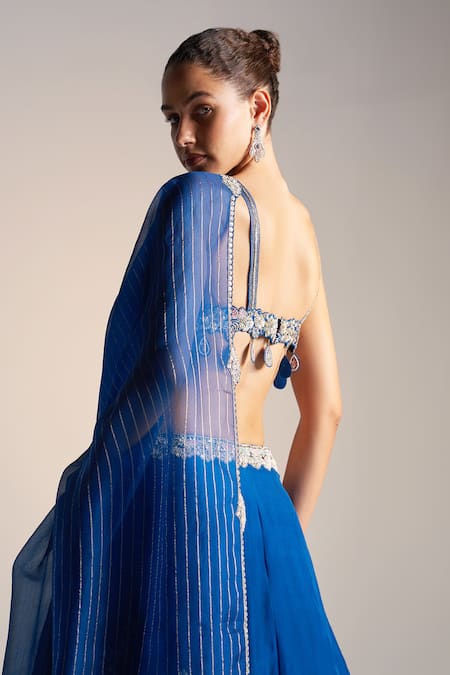 Osaa By Adarsh Blue Organza Aari Work, Dori, French Rosa Bloom Applique Embroidered Lehenga Set Online at Aza Fashions Osaa By Adarsh_Blue Organza Aari Work, Dori, French Rosa Bloom Applique Embroidered Lehenga Set_Online_at_Aza_Fashions