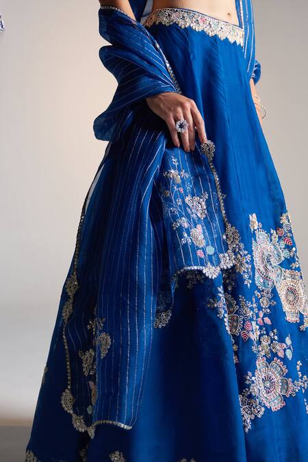 Buy Osaa By Adarsh Blue Organza Aari Work, Dori, French Rosa Bloom Applique Embroidered Lehenga Set Online at Aza Fashions Buy_Osaa By Adarsh_Blue Organza Aari Work, Dori, French Rosa Bloom Applique Embroidered Lehenga Set_Online_at_Aza_Fashions
