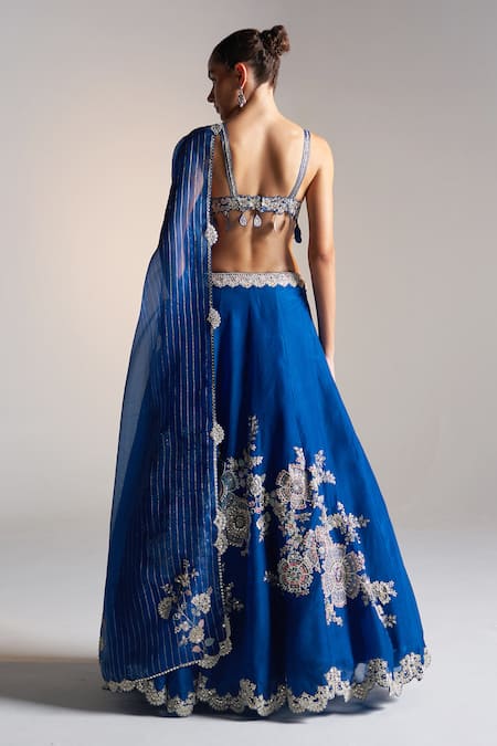 Shop Osaa By Adarsh Blue Organza Aari Work, Dori, French Rosa Bloom Applique Embroidered Lehenga Set at Aza Fashions Shop_Osaa By Adarsh_Blue Organza Aari Work, Dori, French Rosa Bloom Applique Embroidered Lehenga Set_at_Aza_Fashions