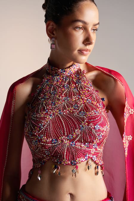 Shop Osaa By Adarsh Blue Organza Aari Work, Dori, French Rosa Bloom Applique Embroidered Lehenga Set Online at Aza Fashions Shop_Osaa By Adarsh_Blue Organza Aari Work, Dori, French Rosa Bloom Applique Embroidered Lehenga Set_Online_at_Aza_Fashions