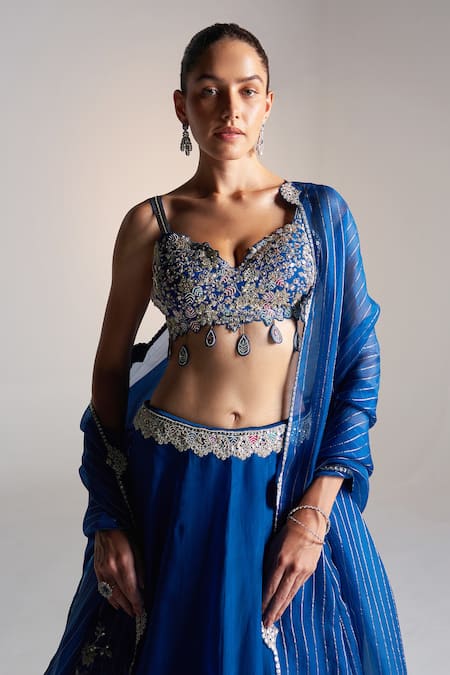 Osaa By Adarsh Blue Organza Aari Work, Dori, French Rosa Bloom Applique Embroidered Lehenga Set at Aza Fashions Osaa By Adarsh_Blue Organza Aari Work, Dori, French Rosa Bloom Applique Embroidered Lehenga Set_at_Aza_Fashions