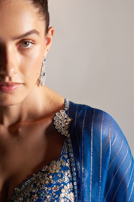 Buy Osaa By Adarsh Blue Organza Aari Work, Dori, French Rosa Bloom Applique Embroidered Lehenga Set Buy_Osaa By Adarsh_Blue Organza Aari Work, Dori, French Rosa Bloom Applique Embroidered Lehenga Set