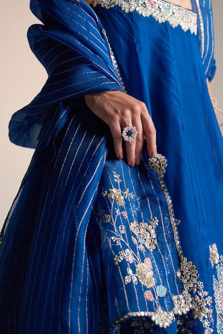 Shop Osaa By Adarsh Blue Organza Aari Work, Dori, French Rosa Bloom Applique Embroidered Lehenga Set Shop_Osaa By Adarsh_Blue Organza Aari Work, Dori, French Rosa Bloom Applique Embroidered Lehenga Set