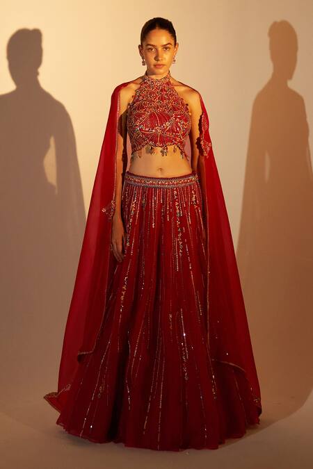 Osaa By Adarsh Red Organza Sequins, Embroidery Halter Neck Stellar Bloom Lehenga Set Online at Aza Fashions Osaa By Adarsh_Red Organza Sequins, Embroidery Halter Neck Stellar Bloom Lehenga Set_Online_at_Aza_Fashions