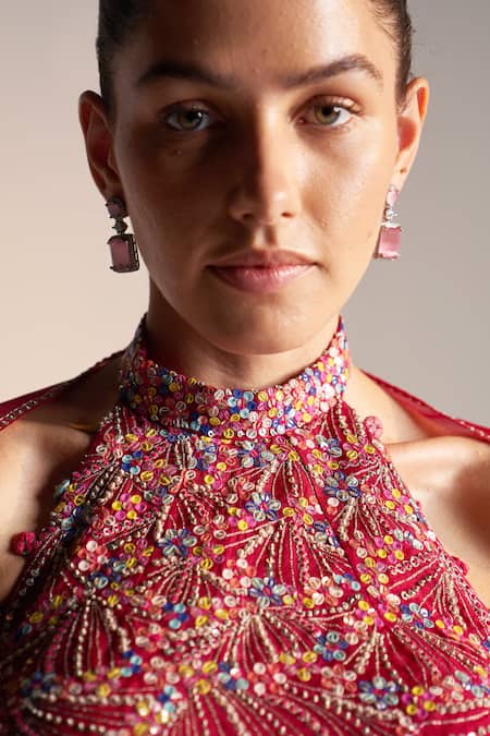 Buy Osaa By Adarsh Red Organza Sequins, Embroidery Halter Neck Stellar Bloom Lehenga Set Online at Aza Fashions Buy_Osaa By Adarsh_Red Organza Sequins, Embroidery Halter Neck Stellar Bloom Lehenga Set_Online_at_Aza_Fashions