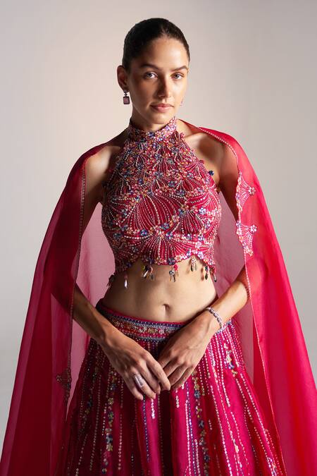 Shop Osaa By Adarsh Red Organza Sequins, Embroidery Halter Neck Stellar Bloom Lehenga Set Online at Aza Fashions Shop_Osaa By Adarsh_Red Organza Sequins, Embroidery Halter Neck Stellar Bloom Lehenga Set_Online_at_Aza_Fashions