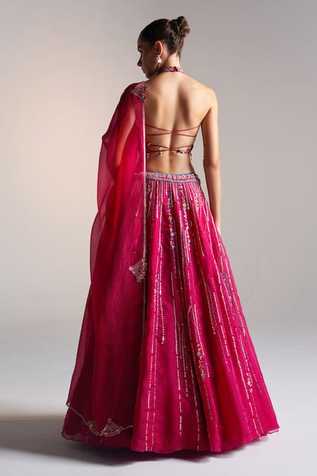 Shop Osaa By Adarsh Red Organza Sequins, Embroidery Halter Neck Stellar Bloom Lehenga Set at Aza Fashions Shop_Osaa By Adarsh_Red Organza Sequins, Embroidery Halter Neck Stellar Bloom Lehenga Set_at_Aza_Fashions