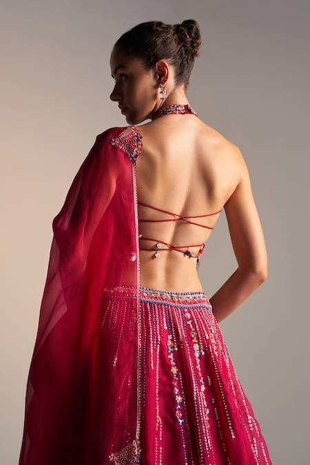 Buy Osaa By Adarsh Red Organza Sequins, Embroidery Halter Neck Stellar Bloom Lehenga Set Buy_Osaa By Adarsh_Red Organza Sequins, Embroidery Halter Neck Stellar Bloom Lehenga Set