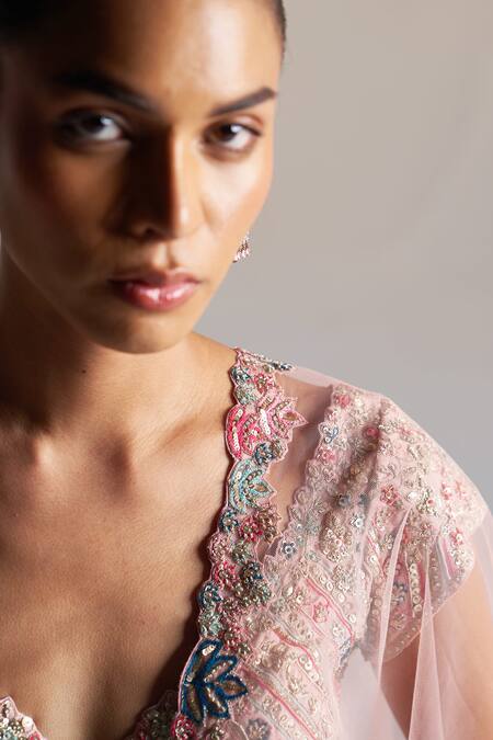 Osaa By Adarsh_Pink Organza Aari Work, Dori, French Knots, Garden Bloom Embroidered Lehenga Set _Online_at_Aza_Fashions