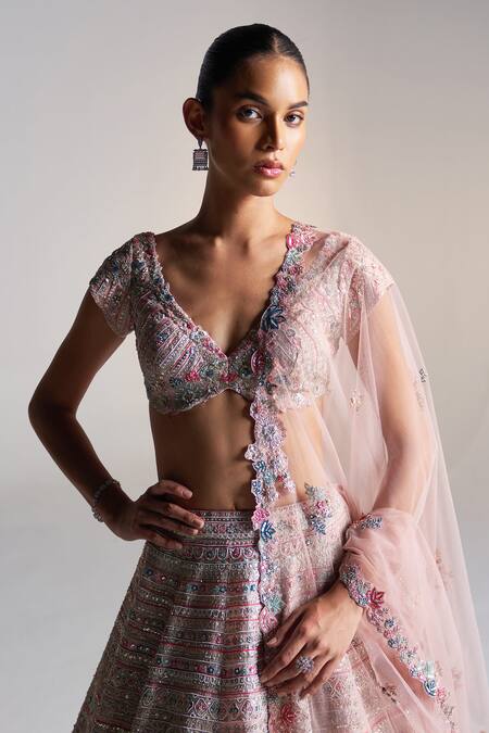 Buy_Osaa By Adarsh_Pink Organza Aari Work, Dori, French Knots, Garden Bloom Embroidered Lehenga Set _Online_at_Aza_Fashions