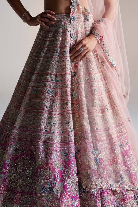 Shop_Osaa By Adarsh_Pink Organza Aari Work, Dori, French Knots, Garden Bloom Embroidered Lehenga Set _Online_at_Aza_Fashions