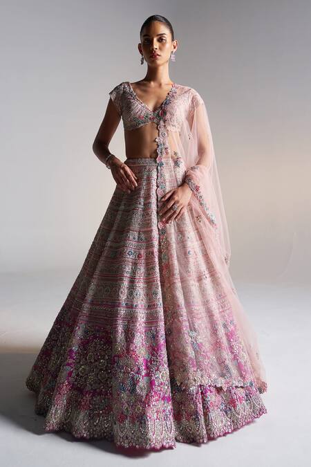 Osaa By Adarsh_Pink Organza Aari Work, Dori, French Knots, Garden Bloom Embroidered Lehenga Set _at_Aza_Fashions