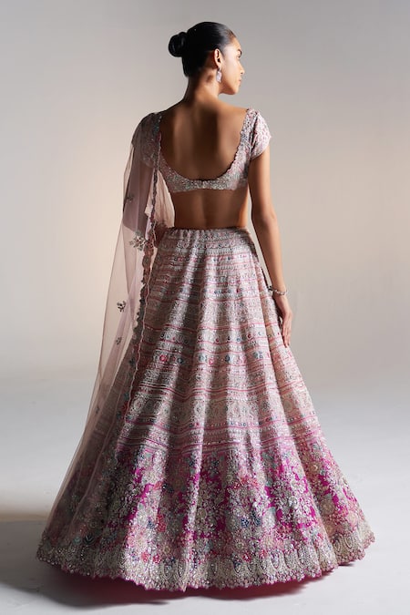 Shop_Osaa By Adarsh_Pink Organza Aari Work, Dori, French Knots, Garden Bloom Embroidered Lehenga Set _at_Aza_Fashions