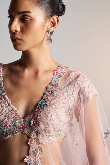 Buy_Osaa By Adarsh_Pink Organza Aari Work, Dori, French Knots, Garden Bloom Embroidered Lehenga Set 