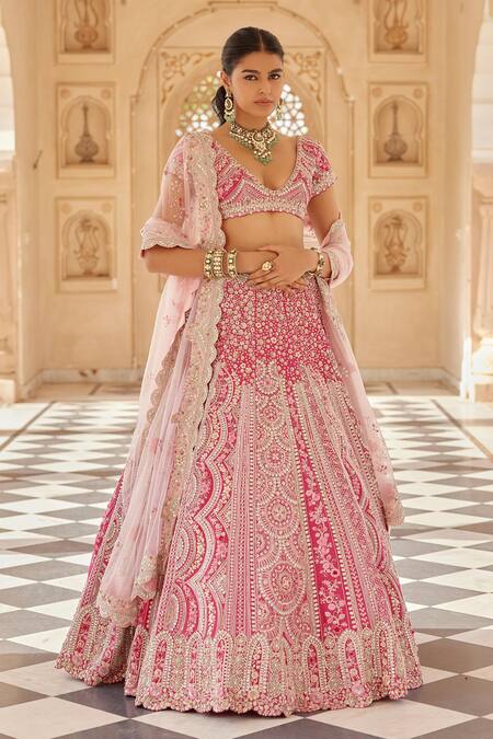 Buy_Osaa By Adarsh_Red Mulberry Aari Work, Dori, French Knots, Gul Embroidered Bridal Lehenga Set _Online_at_Aza_Fashions