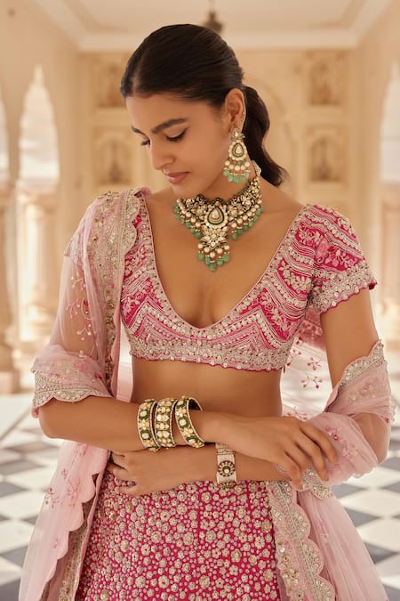 Shop_Osaa By Adarsh_Red Mulberry Aari Work, Dori, French Knots, Gul Embroidered Bridal Lehenga Set _Online_at_Aza_Fashions