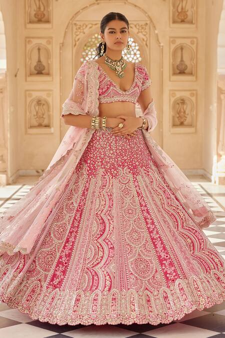 Osaa By Adarsh_Red Mulberry Aari Work, Dori, French Knots, Gul Embroidered Bridal Lehenga Set _at_Aza_Fashions