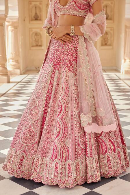 Buy_Osaa By Adarsh_Red Mulberry Aari Work, Dori, French Knots, Gul Embroidered Bridal Lehenga Set 