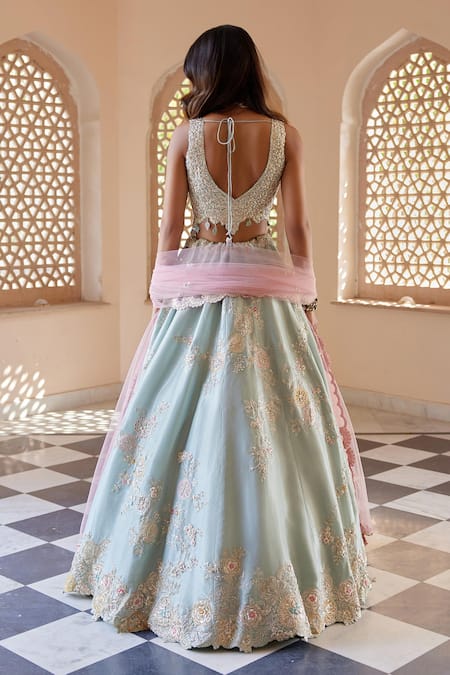 Osaa By Adarsh Pastel Blue Phool Guccha Embroidered Lehenga Set 