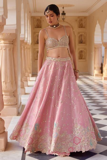 Buy_Osaa By Adarsh_Pink Tissue Silk Aari Work, French Knots, Bahar Guccha Embroidered Lehenga Set _Online_at_Aza_Fashions