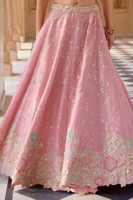Osaa By Adarsh_Pink Tissue Silk Aari Work, French Knots, Bahar Guccha Embroidered Lehenga Set _at_Aza_Fashions