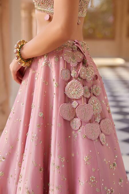 Buy_Osaa By Adarsh_Pink Tissue Silk Aari Work, French Knots, Bahar Guccha Embroidered Lehenga Set 