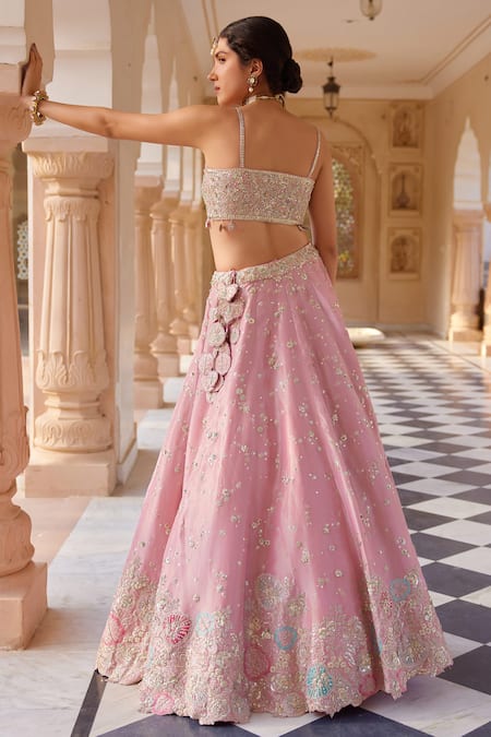 Shop_Osaa By Adarsh_Pink Tissue Silk Aari Work, French Knots, Bahar Guccha Embroidered Lehenga Set _at_Aza_Fashions
