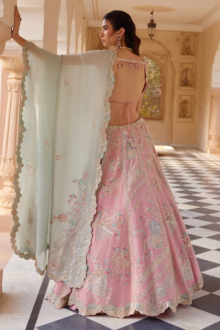 Shop_Osaa By Adarsh_Pink Tissue Silk Applique, Aari, French Knot, Floral Embroidered Lehenga Set _at_Aza_Fashions