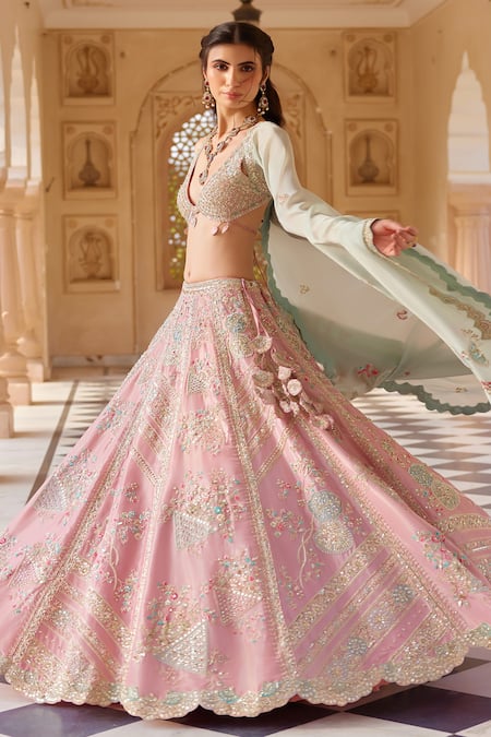 Buy_Osaa By Adarsh_Pink Tissue Silk Applique, Aari, French Knot, Floral Embroidered Lehenga Set _Online_at_Aza_Fashions