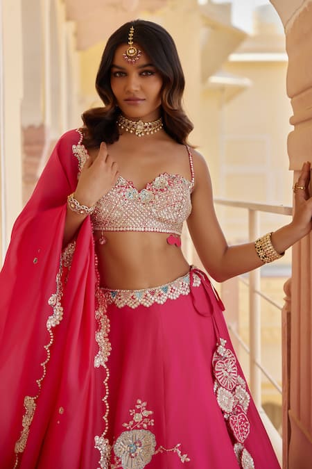 Osaa By Adarsh_Fuchsia Mulberry Silk Applique, Aari, French Knot, Embroidered Lehenga Set _Online_at_Aza_Fashions