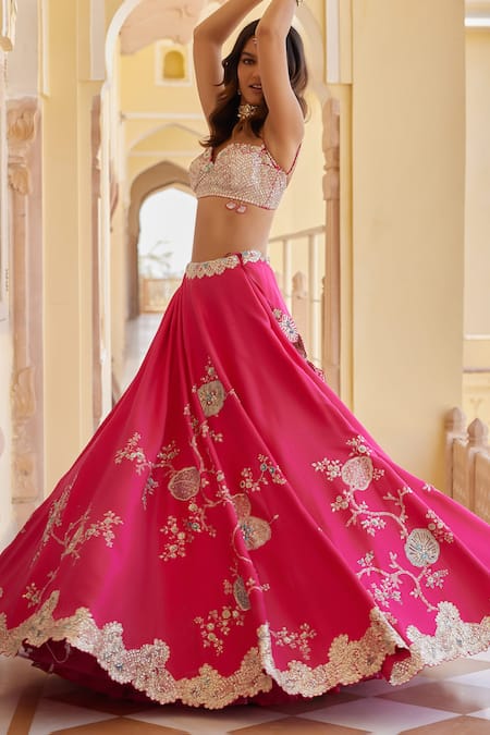 Buy_Osaa By Adarsh_Fuchsia Mulberry Silk Applique, Aari, French Knot, Embroidered Lehenga Set _Online_at_Aza_Fashions