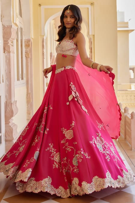 Shop_Osaa By Adarsh_Fuchsia Mulberry Silk Applique, Aari, French Knot, Embroidered Lehenga Set _Online_at_Aza_Fashions