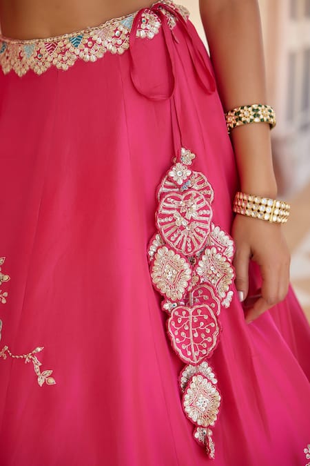 Osaa By Adarsh_Fuchsia Mulberry Silk Applique, Aari, French Knot, Embroidered Lehenga Set _at_Aza_Fashions