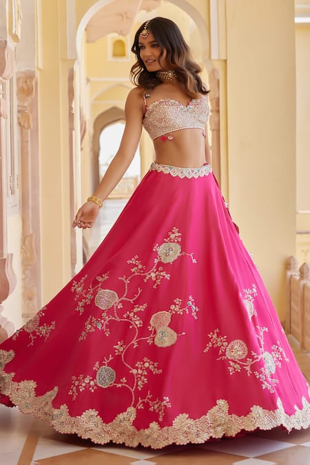 Buy_Osaa By Adarsh_Fuchsia Mulberry Silk Applique, Aari, French Knot, Embroidered Lehenga Set 