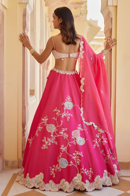 Shop_Osaa By Adarsh_Fuchsia Mulberry Silk Applique, Aari, French Knot, Embroidered Lehenga Set _at_Aza_Fashions