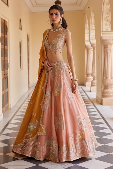 Buy_Osaa By Adarsh_Peach Organza Tassels, Embroidery, Zari, Applique Zardozi Floral Lehenga Set _Online_at_Aza_Fashions