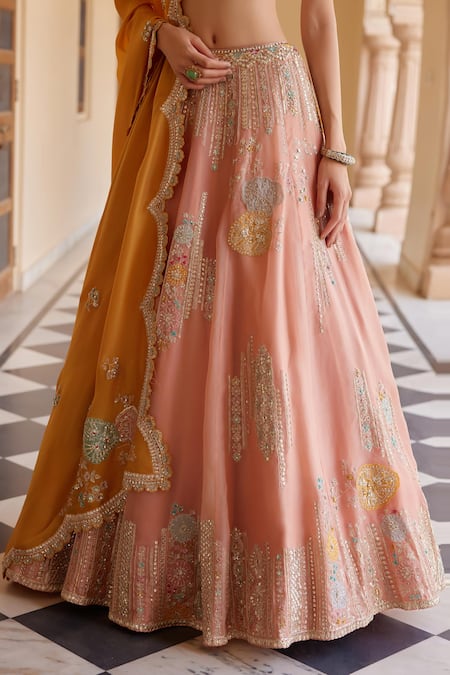 Shop_Osaa By Adarsh_Peach Organza Tassels, Embroidery, Zari, Applique Zardozi Floral Lehenga Set _Online_at_Aza_Fashions