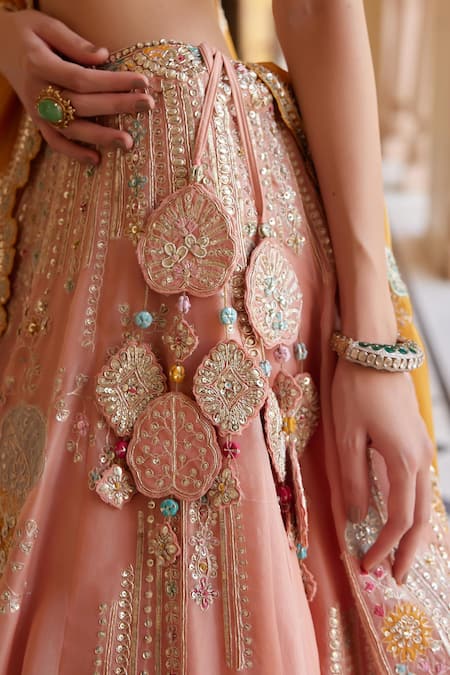 Osaa By Adarsh_Peach Organza Tassels, Embroidery, Zari, Applique Zardozi Floral Lehenga Set _at_Aza_Fashions