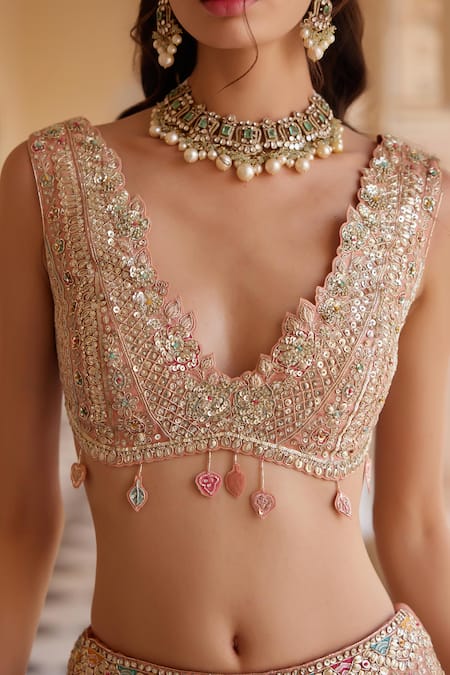 Buy_Osaa By Adarsh_Peach Organza Tassels, Embroidery, Zari, Applique Zardozi Floral Lehenga Set 