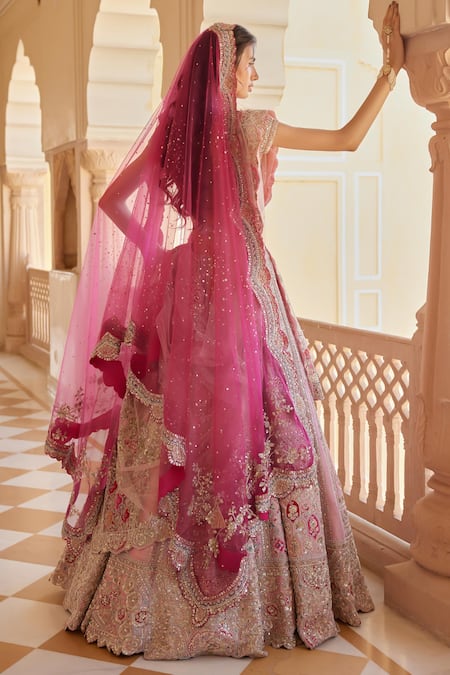 Shop_Osaa By Adarsh_Pink Silk, Chiffon Zari, Embroidery, Sequins Floral Zardozi Lehenga Set _at_Aza_Fashions