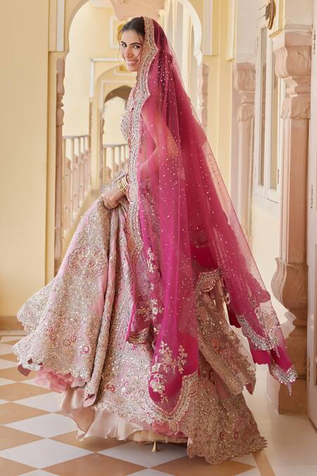 Osaa By Adarsh_Pink Silk, Chiffon Zari, Embroidery, Sequins Floral Zardozi Lehenga Set _Online_at_Aza_Fashions