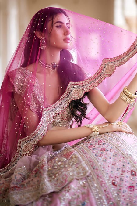 Buy_Osaa By Adarsh_Pink Silk, Chiffon Zari, Embroidery, Sequins Floral Zardozi Lehenga Set _Online_at_Aza_Fashions