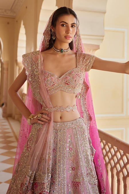 Shop_Osaa By Adarsh_Pink Silk, Chiffon Zari, Embroidery, Sequins Floral Zardozi Lehenga Set _Online_at_Aza_Fashions