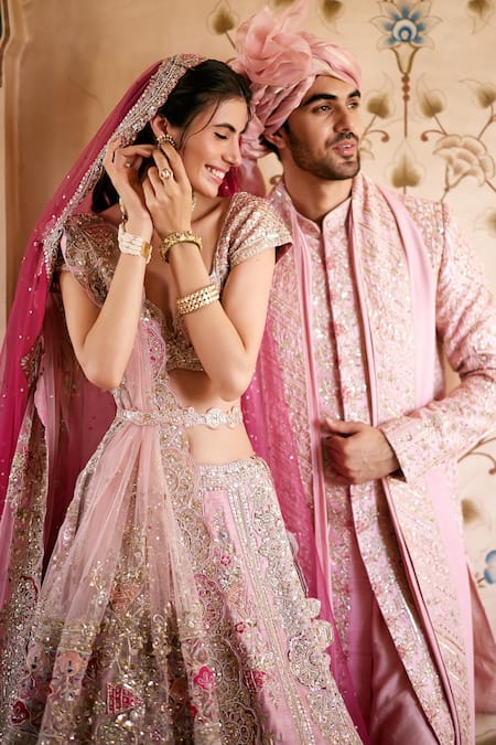 Osaa By Adarsh_Pink Silk, Chiffon Zari, Embroidery, Sequins Floral Zardozi Lehenga Set _at_Aza_Fashions