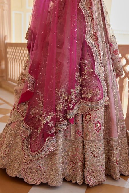 Buy_Osaa By Adarsh_Pink Silk, Chiffon Zari, Embroidery, Sequins Floral Zardozi Lehenga Set 