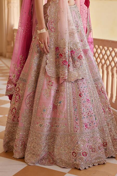 Shop_Osaa By Adarsh_Pink Silk, Chiffon Zari, Embroidery, Sequins Floral Zardozi Lehenga Set 
